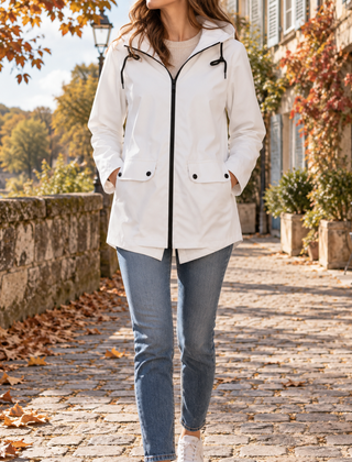 Giacca donna bianca con cappuccio, zip nera a contrasto e tasche con patta