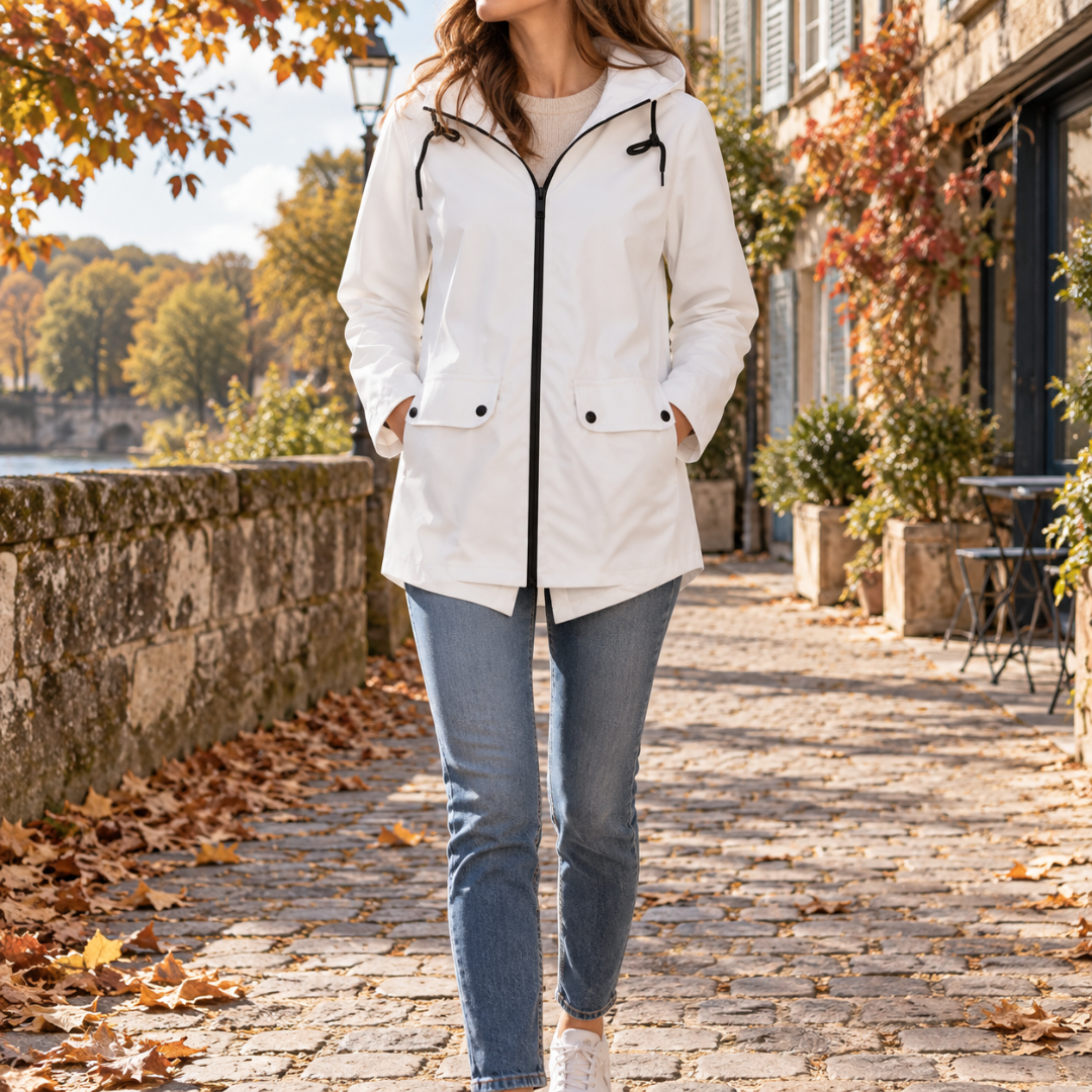 Giacca donna bianca con cappuccio, zip nera a contrasto e tasche con patta