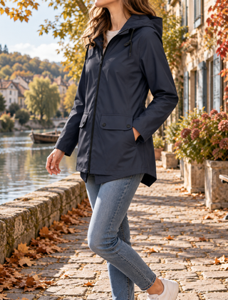 Giacca blu navy con cappuccio, vista laterale con tasca con patta e coulisse