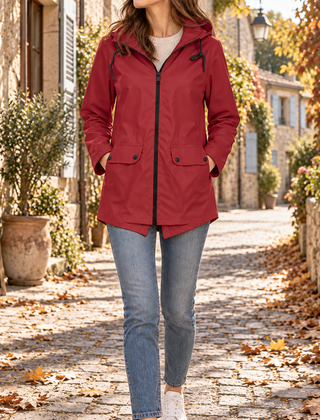 Giacca rossa con cappuccio a coulisse, zip a contrasto e due tasche frontali