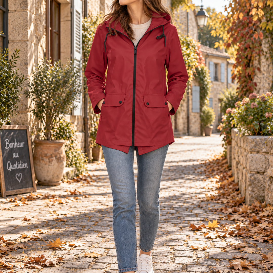 Giacca rossa con cappuccio a coulisse, zip a contrasto e due tasche frontali