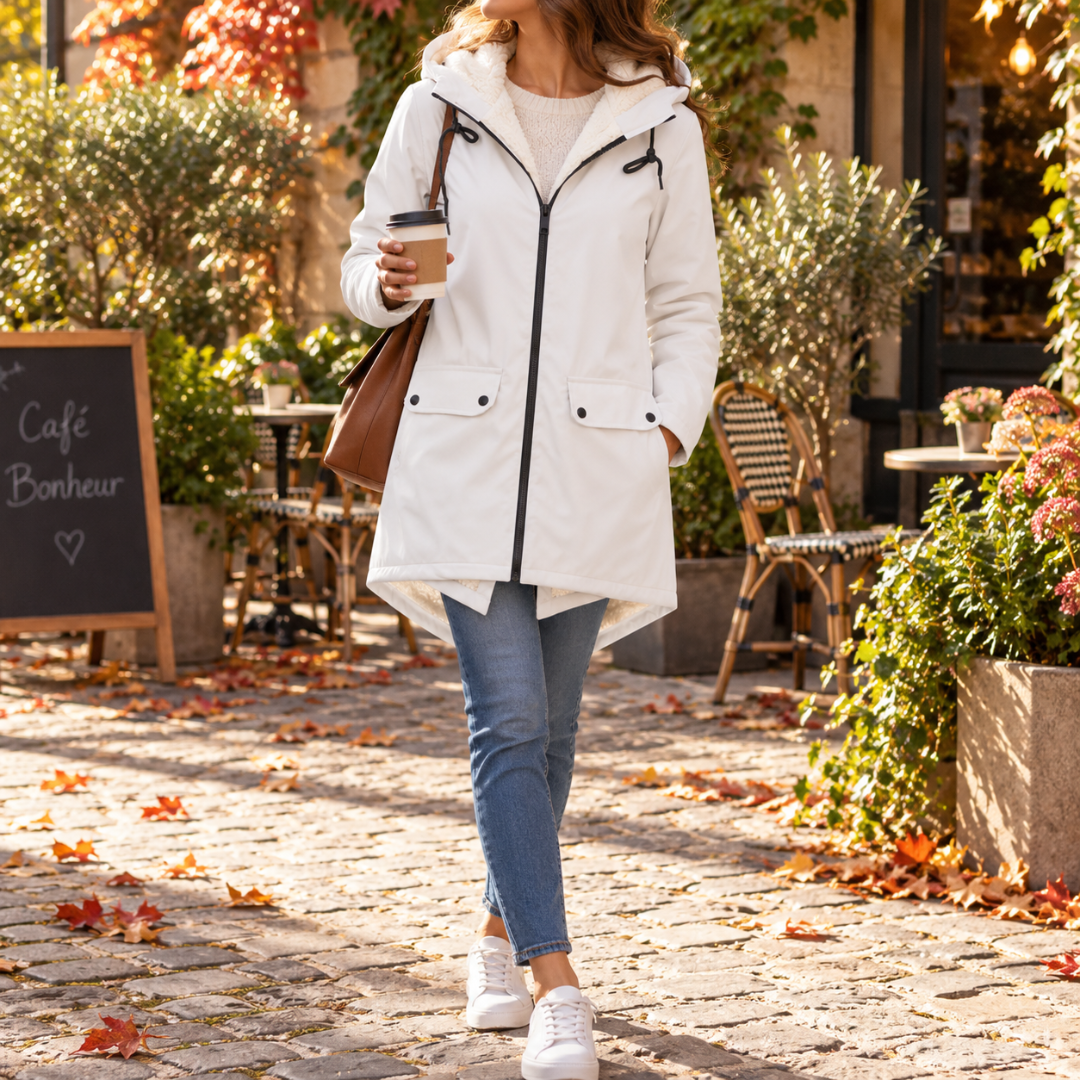 Giacca donna bianca con cappuccio effetto montone e zip nera a contrasto