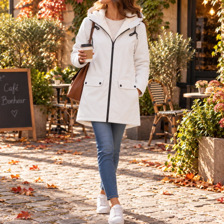 Giacca donna bianca con cappuccio imbottito, zip nera e tasche con patta