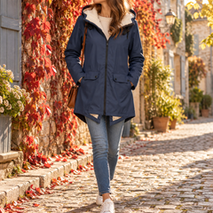 Giacca donna blu navy con cappuccio, coulisse e orlo effetto montone visibile
