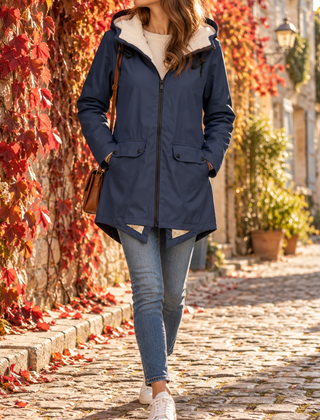 Giacca donna blu navy con cappuccio, coulisse e orlo effetto montone visibile