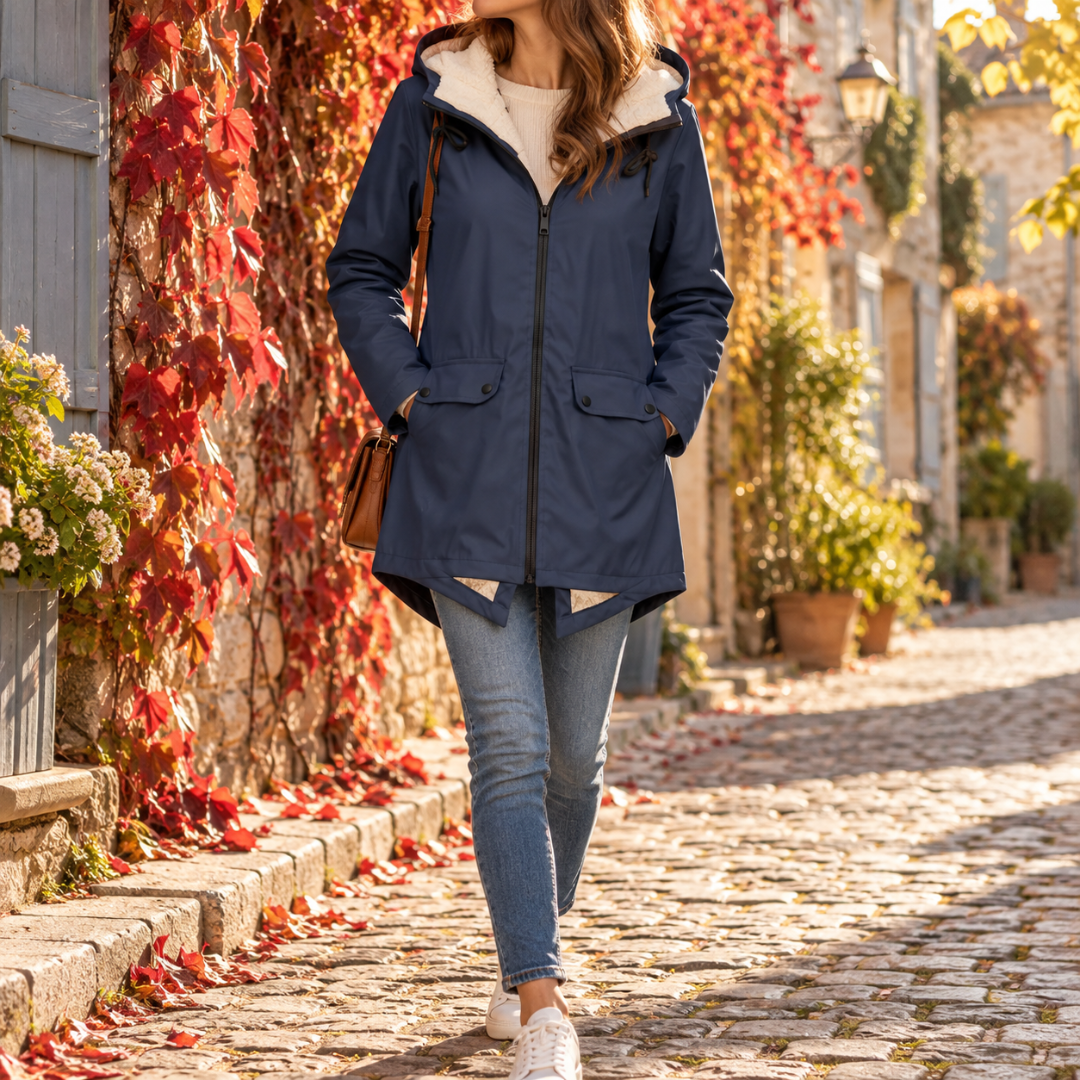 Giacca donna blu navy con cappuccio, coulisse e orlo effetto montone visibile