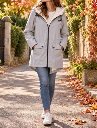 Giacca donna grigia con cappuccio chiaro, zip centrale e tasche frontali