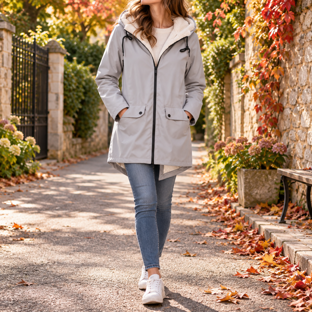 Giacca donna grigia con cappuccio chiaro, zip centrale e tasche frontali