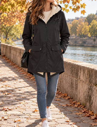 Giacca donna nera lunga con cappuccio chiaro, zip centrale e tasche con patta