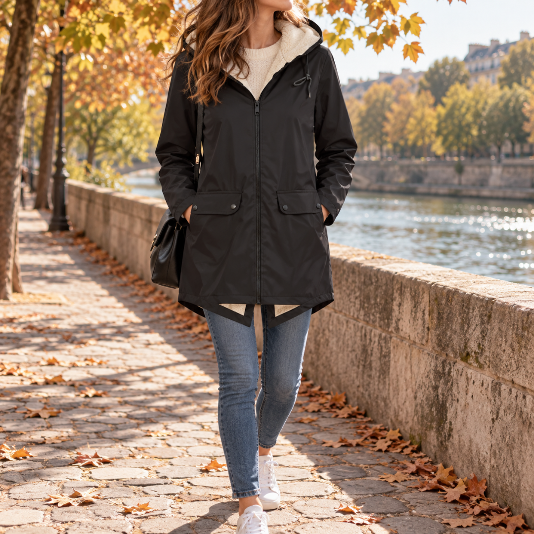 Giacca donna nera lunga con cappuccio chiaro, zip centrale e tasche con patta