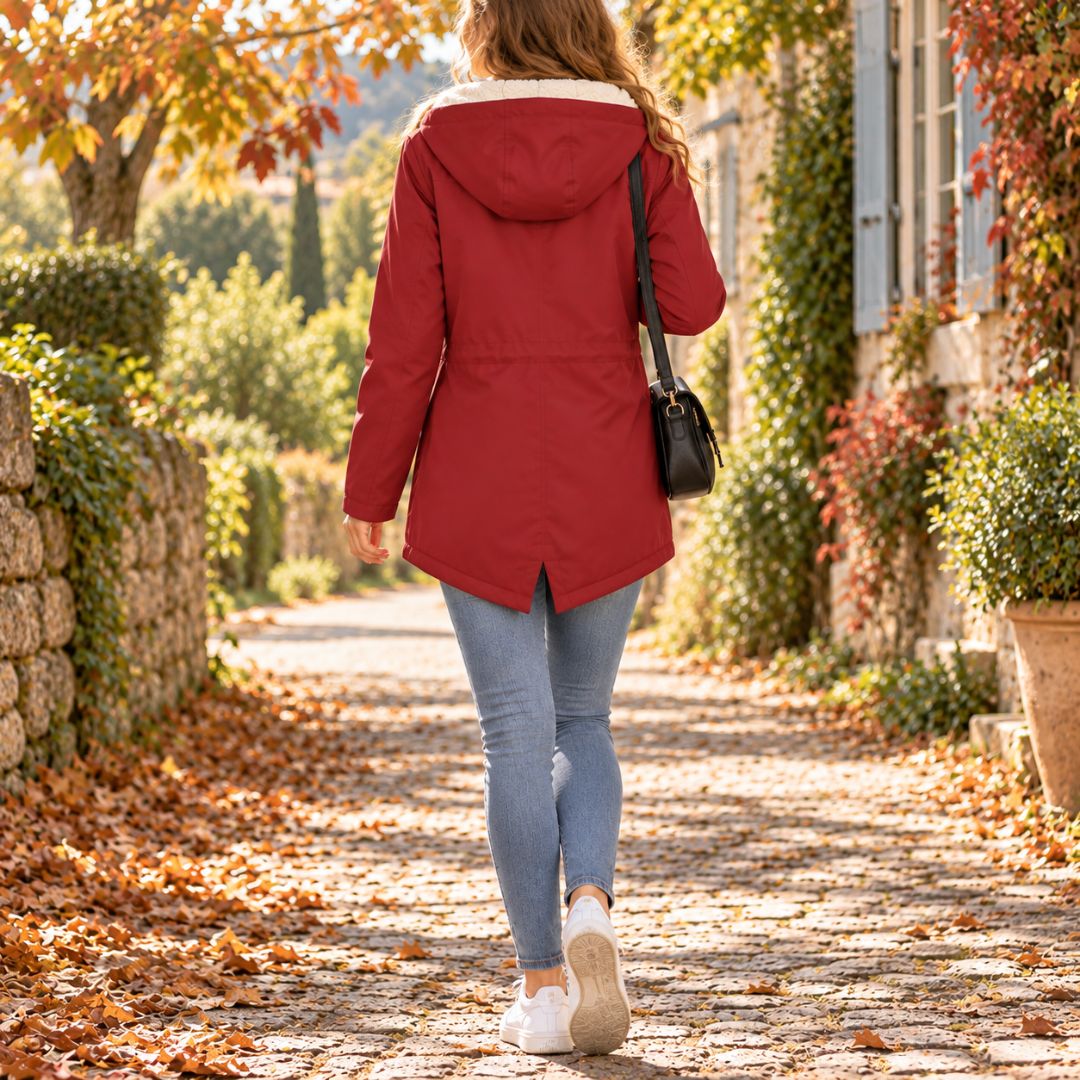 Retro della giacca rossa con cappuccio, coulisse in vita e orlo allungato