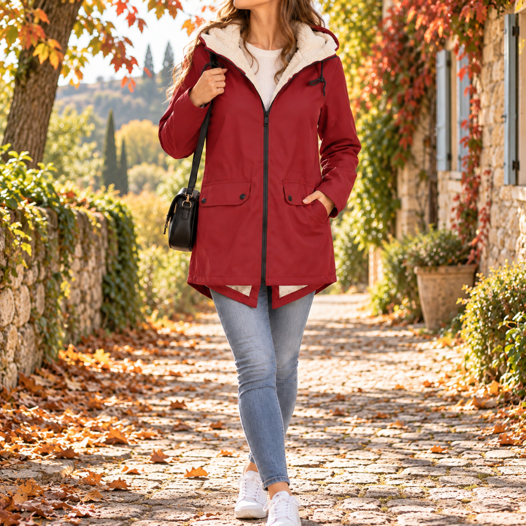 Giacca donna rossa lunga con due tasche con patta e cappuccio chiaro