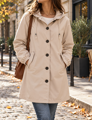 Giacca lunga beige con cappuccio a coulisse e bottoni scuri sul davanti