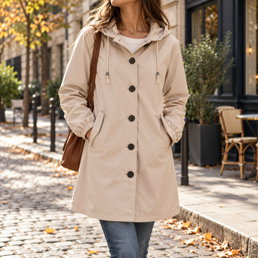Giacca lunga beige con cappuccio a coulisse e bottoni scuri sul davanti