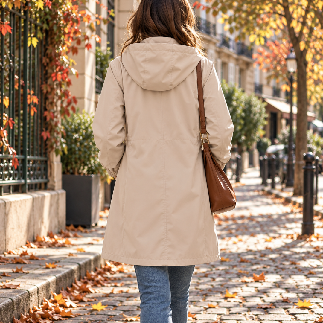 Vista posteriore della giacca beige con cappuccio ampio e cucitura in vita