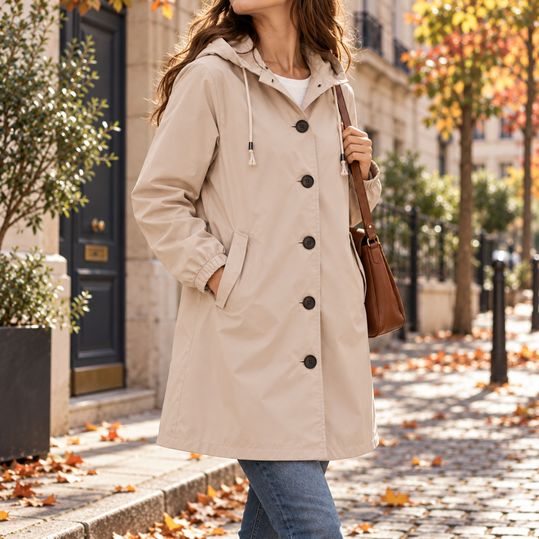 Dettaglio della giacca beige con coulisse del cappuccio e bottoni frontali