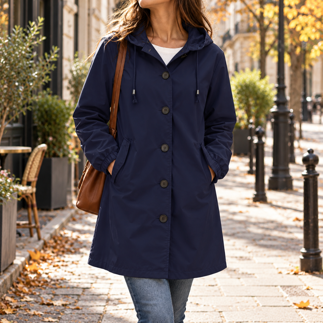 Giacca blu navy con cappuccio, chiusura con bottoni e vita segnata