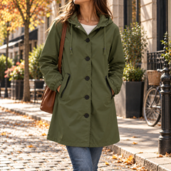 Giacca verde oliva con cappuccio a coulisse e tasche laterali inserite