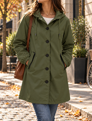 Giacca verde oliva con cappuccio a coulisse e tasche laterali inserite