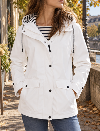 Giacca donna bianca con cappuccio, zip centrale e interno a righe blu
