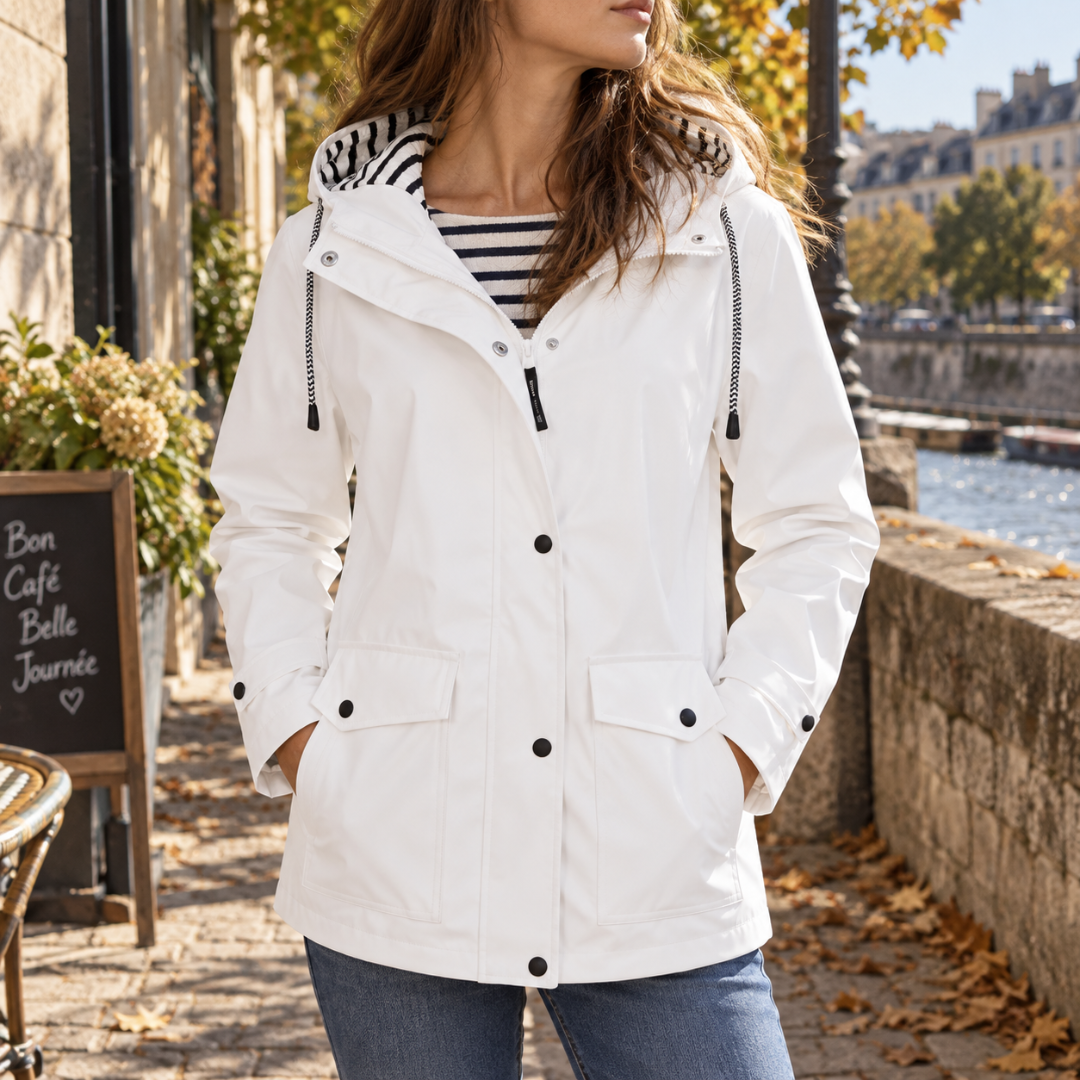Giacca donna bianca con cappuccio, zip centrale e interno a righe blu