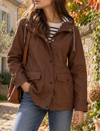Giacca donna marrone con cappuccio, zip coperta da bottoni e tasche con patta