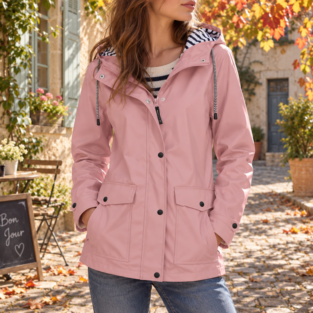 Giacca donna rosa con cappuccio, cordoncino a contrasto e due tasche con patta