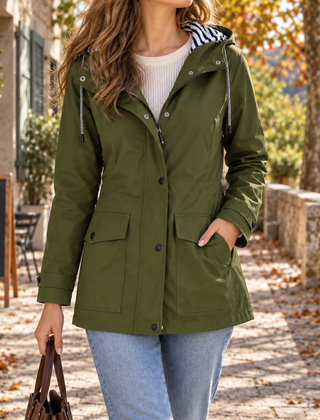 Giacca donna verde militare con cappuccio a coulisse e tasche frontali con patta