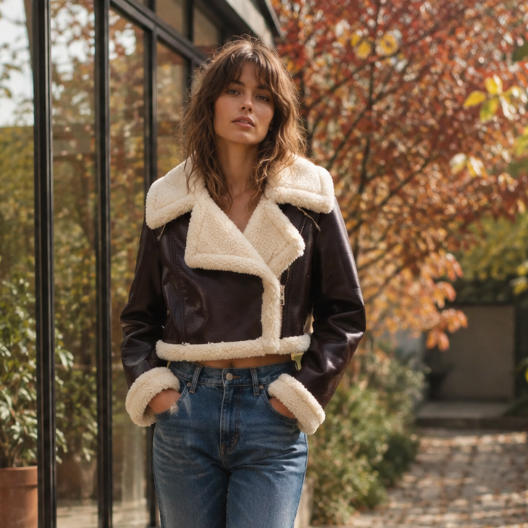 Giacca donna corta marrone scuro con zip asimmetrica e bordi crema