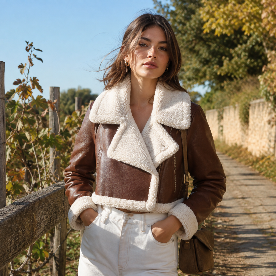 Giacca corta marrone con revers crema ampio e tasche con zip frontali