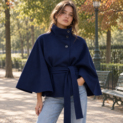 Giacca donna a mantella blu navy con maniche ampie e cintura annodata