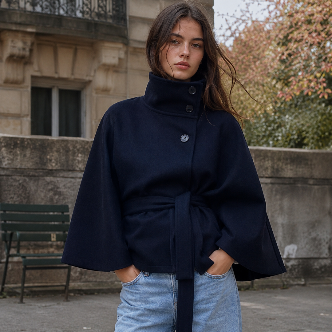 Giacca donna a mantella blu navy con collo alto abbottonato e cintura lunga