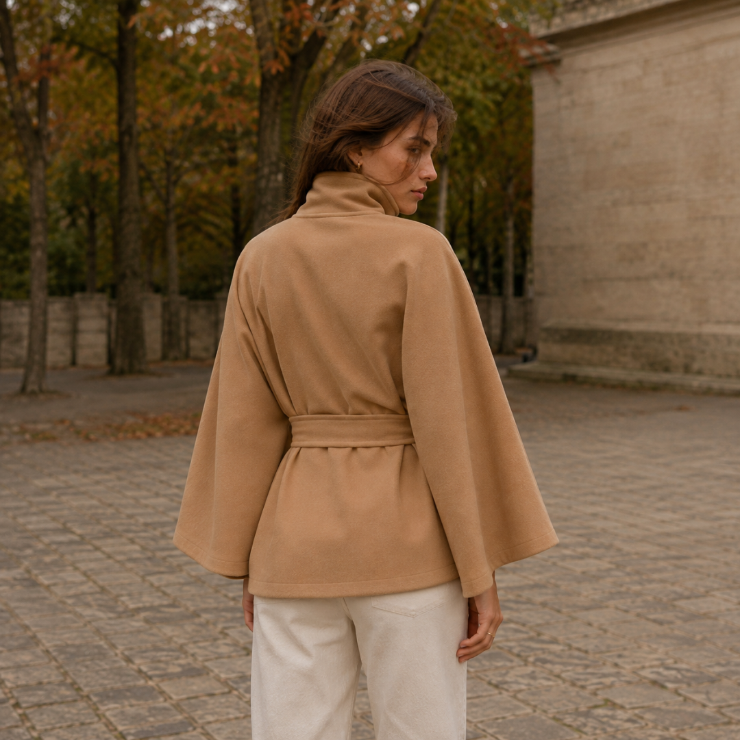 Retro della giacca donna a mantella kaki con cintura annodata sul dietro