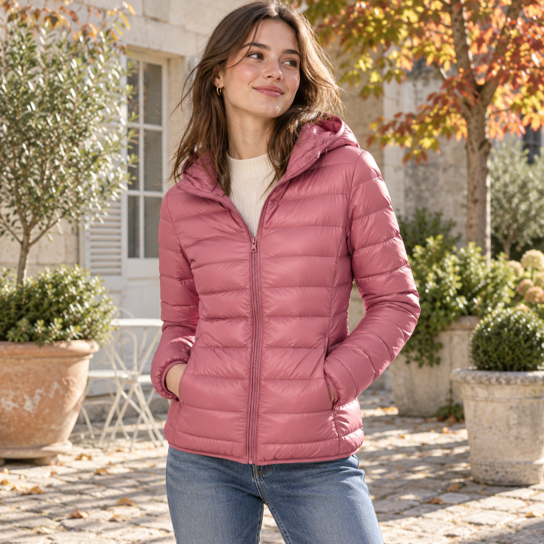 Giacca trapuntata oro rosa con cappuccio e zip centrale, mani in tasca