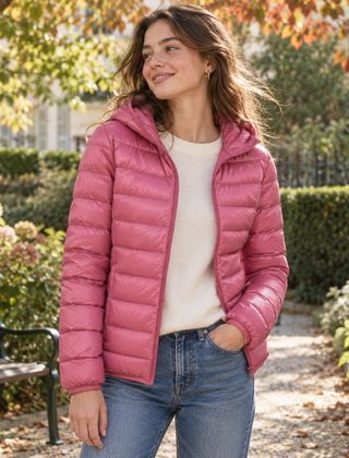 Giacca trapuntata rosa con cappuccio aperta, cuciture orizzontali ben visibili