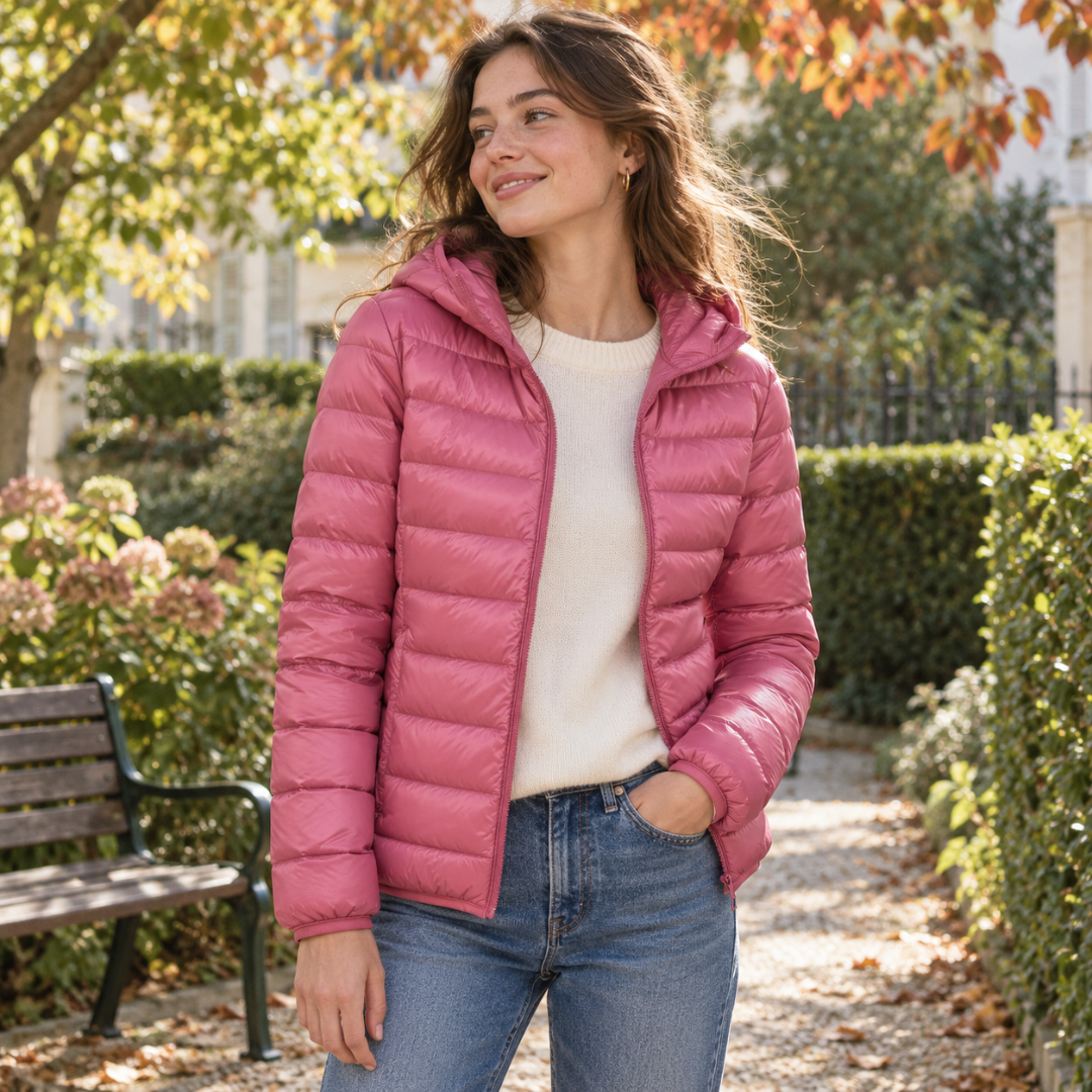 Giacca trapuntata rosa con cappuccio aperta, cuciture orizzontali ben visibili