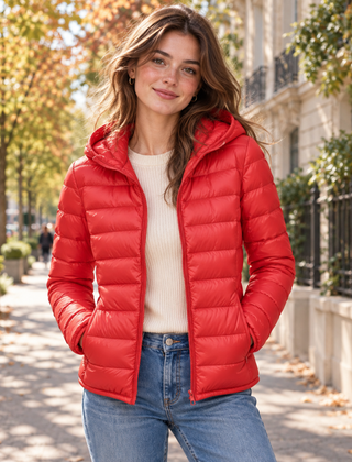 Giacca trapuntata rossa con cappuccio e zip aperta su maglia color crema