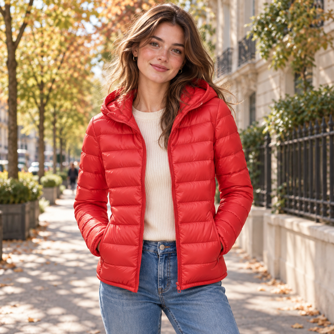 Giacca trapuntata rossa con cappuccio e zip aperta su maglia color crema