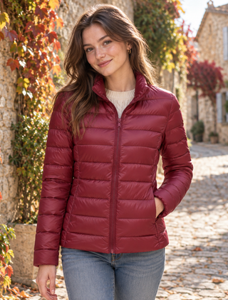 Giacca donna trapuntata bordeaux con zip intera e trapuntatura orizzontale