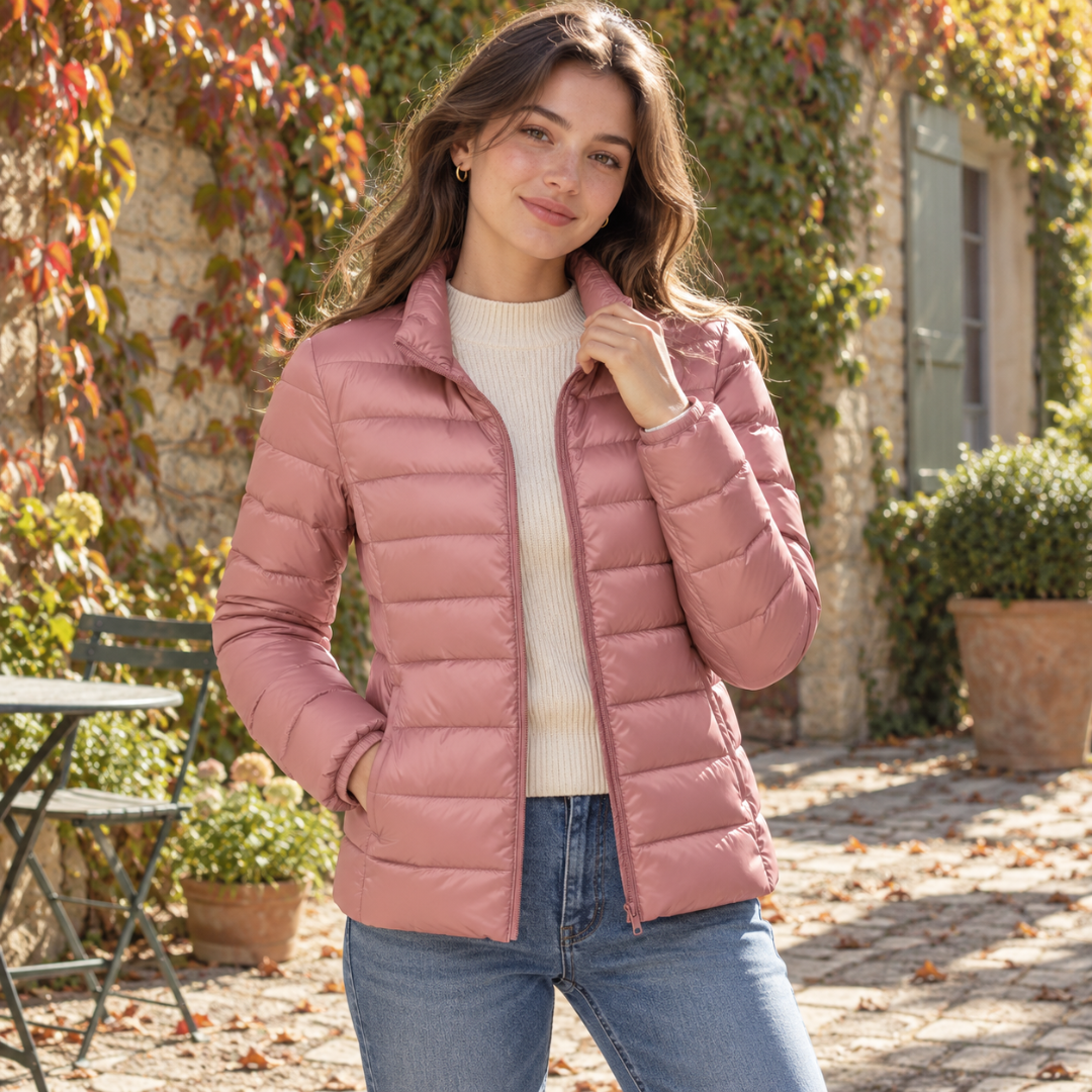 Giacca donna trapuntata color oro rosa con collo alto sollevato e zip frontale