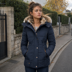 Giacca trapuntata blu navy con cappuccio effetto pelliccia e tasche con zip