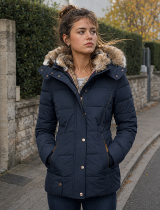 Giacca trapuntata blu navy con cappuccio effetto pelliccia e tasche con zip
