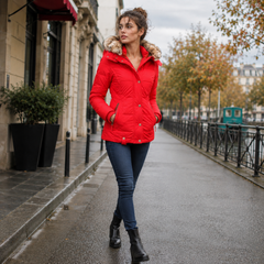 Giacca rossa trapuntata indossata con pantaloni skinny e stivaletti neri in strada