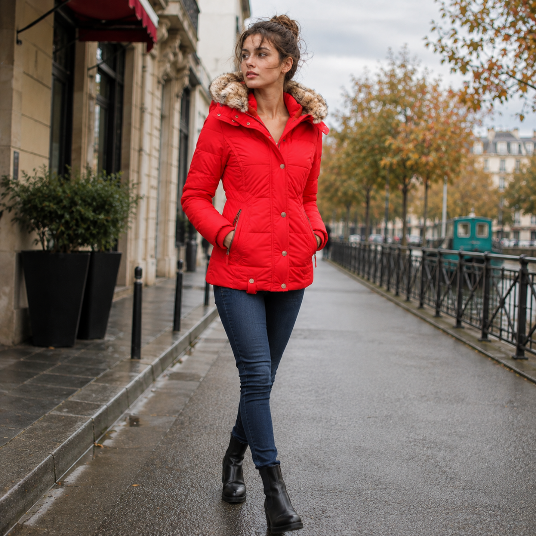 Giacca rossa trapuntata indossata con pantaloni skinny e stivaletti neri in strada