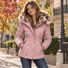 Giacca donna trapuntata rosa con cappuccio effetto pelliccia e tasche con zip