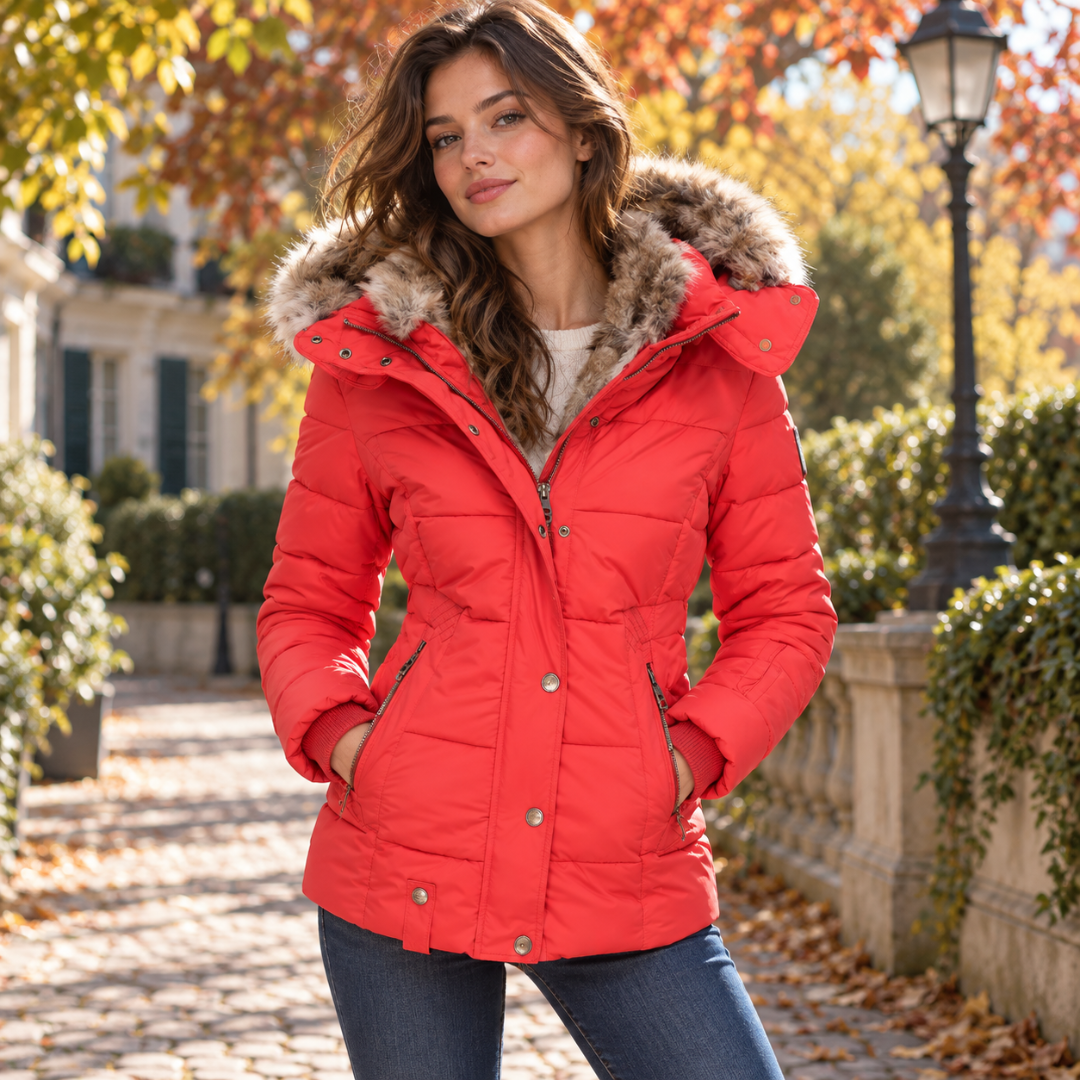 Giacca donna trapuntata rossa con cappuccio effetto pelliccia e zip centrale