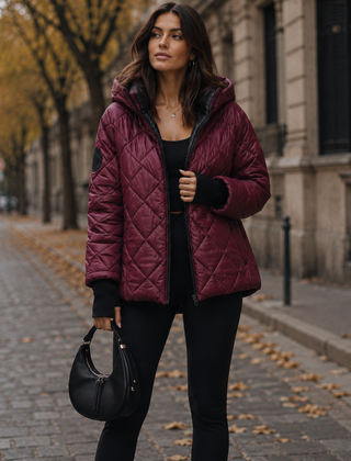 Giacca donna trapuntata bordeaux con cappuccio e zip aperta su top nero