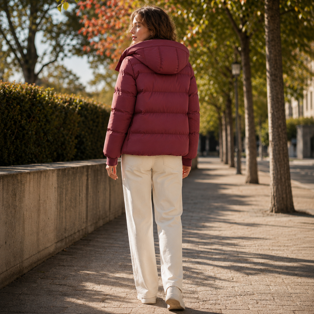 Retro della giacca donna rossa trapuntata a canali orizzontali con cappuccio e polsini a coste