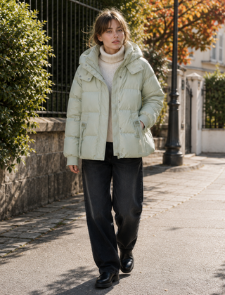 Giacca donna trapuntata verde chiaro con cappuccio, zip e tasche con patta sul davanti