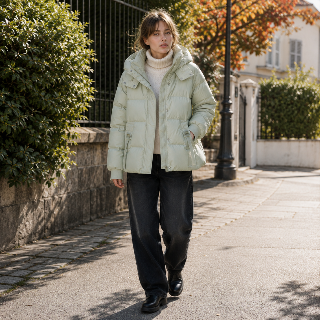 Giacca donna trapuntata verde chiaro con cappuccio, zip e tasche con patta sul davanti